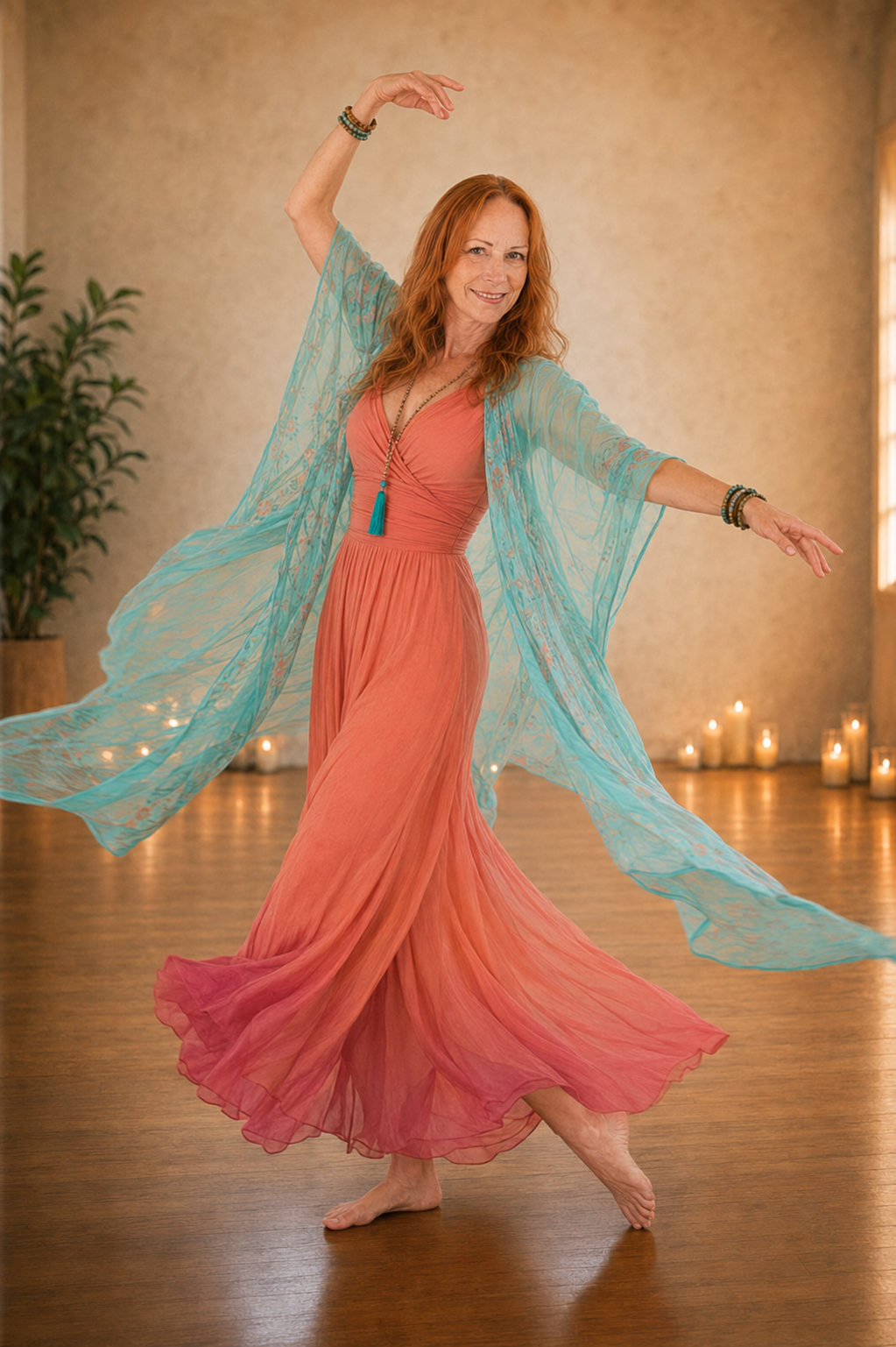 Marlene dancing with flowing turquoise fabric