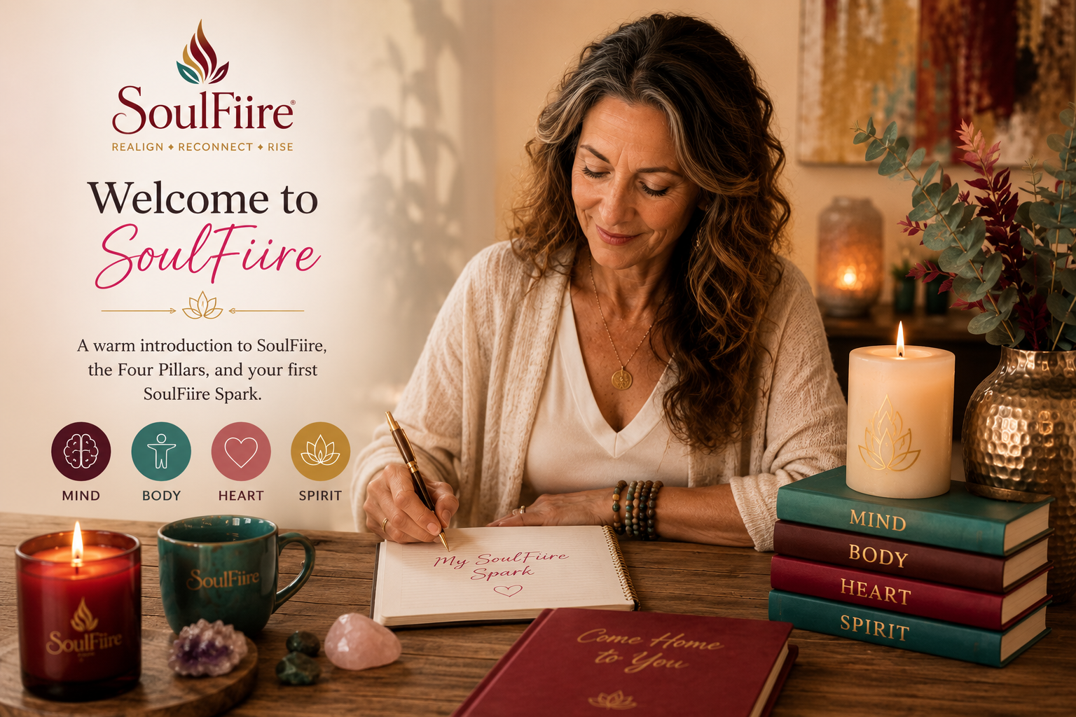 Welcome to SoulFiire course with workbook, candle, and Four Pillars