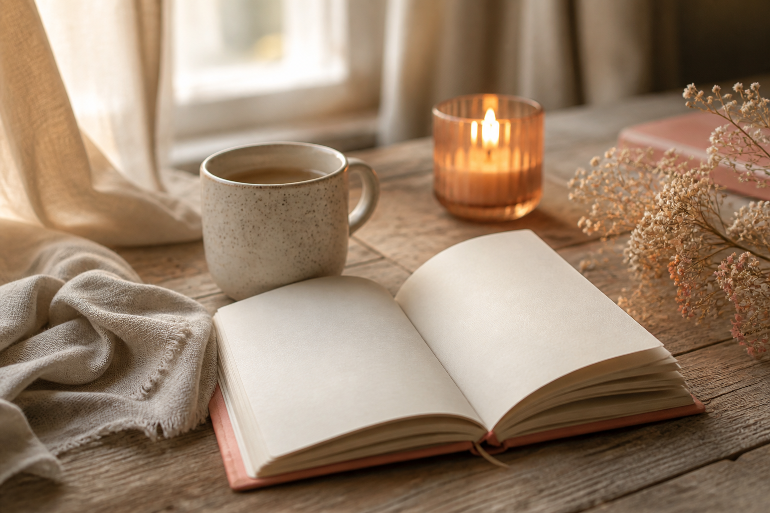 An open journal beside a candle and warm cup in a quiet room
