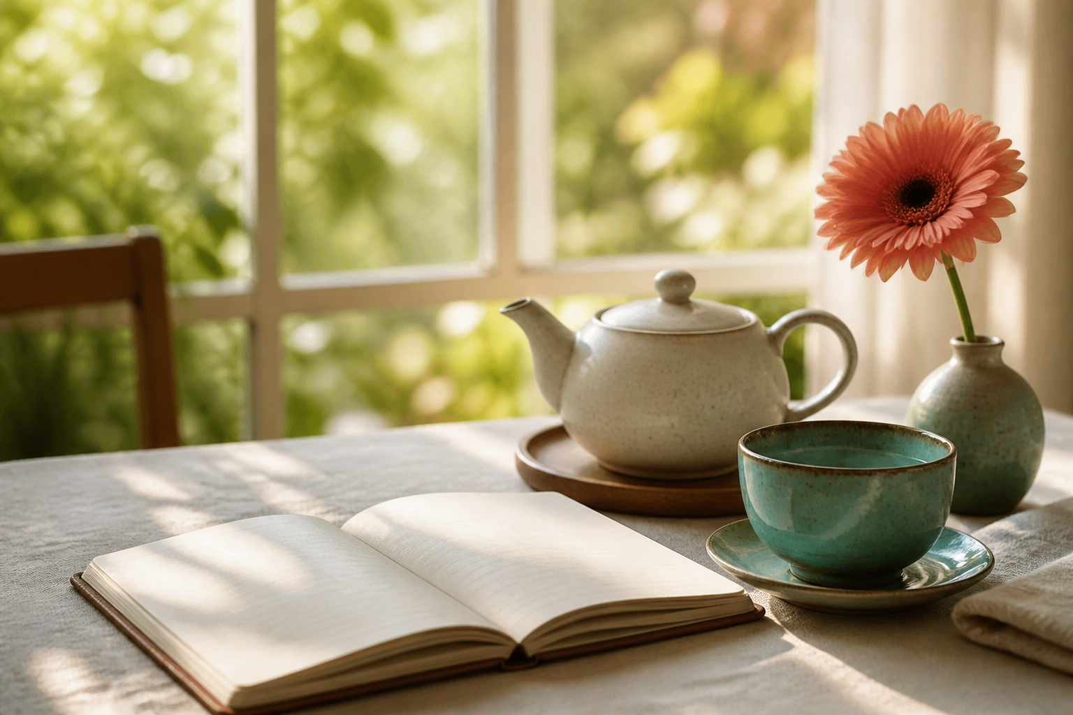 A peaceful tea setting with an open journal in morning light