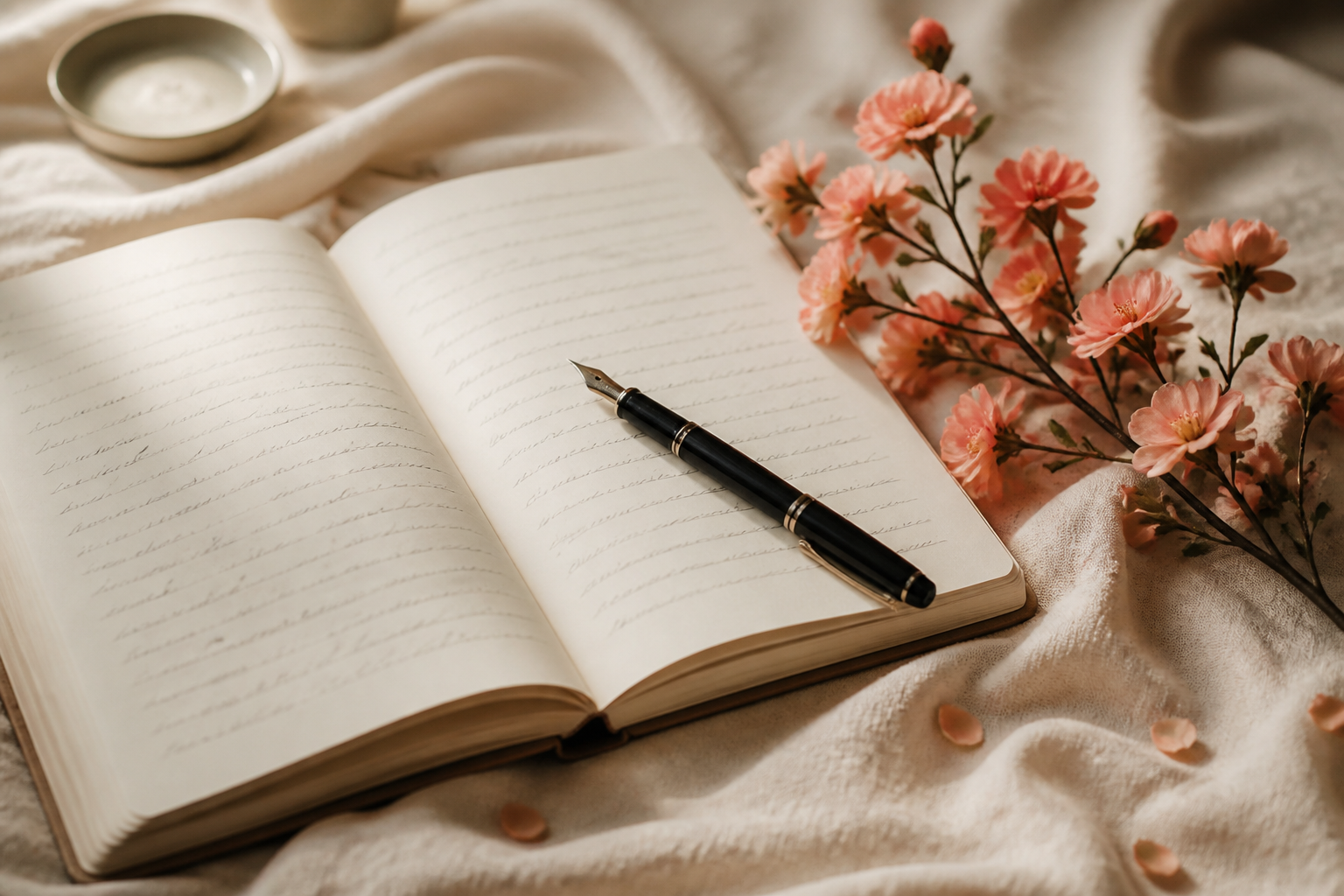 An open journal and pen resting beside delicate flowers