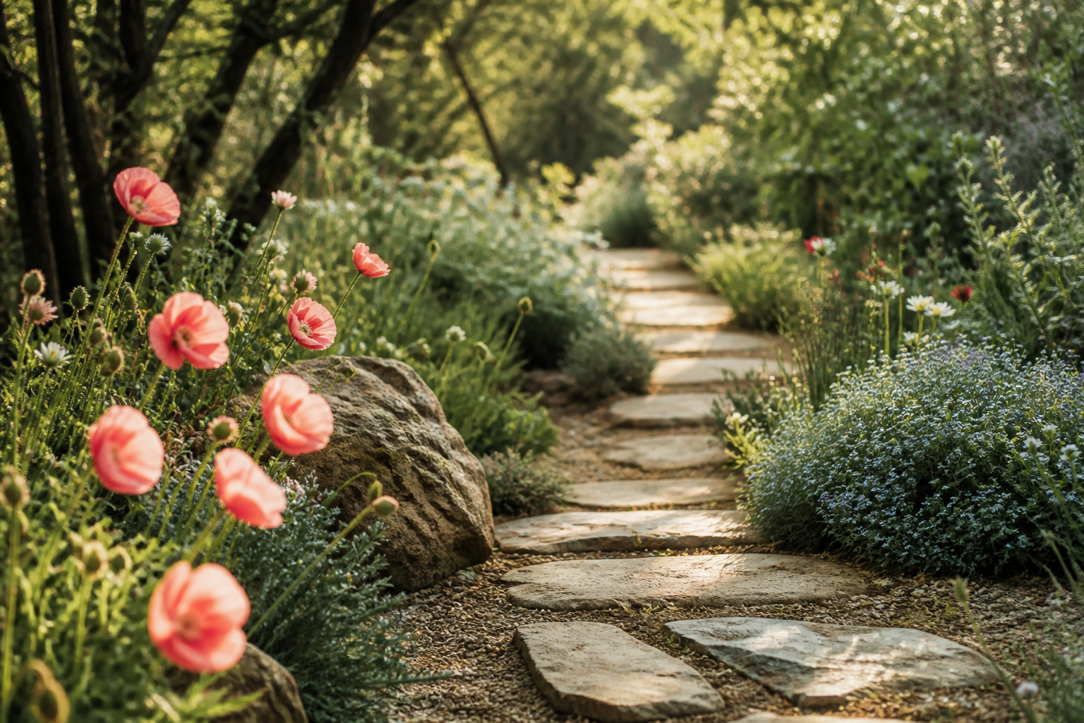 A sunlit garden path inviting a slow, reflective walk
