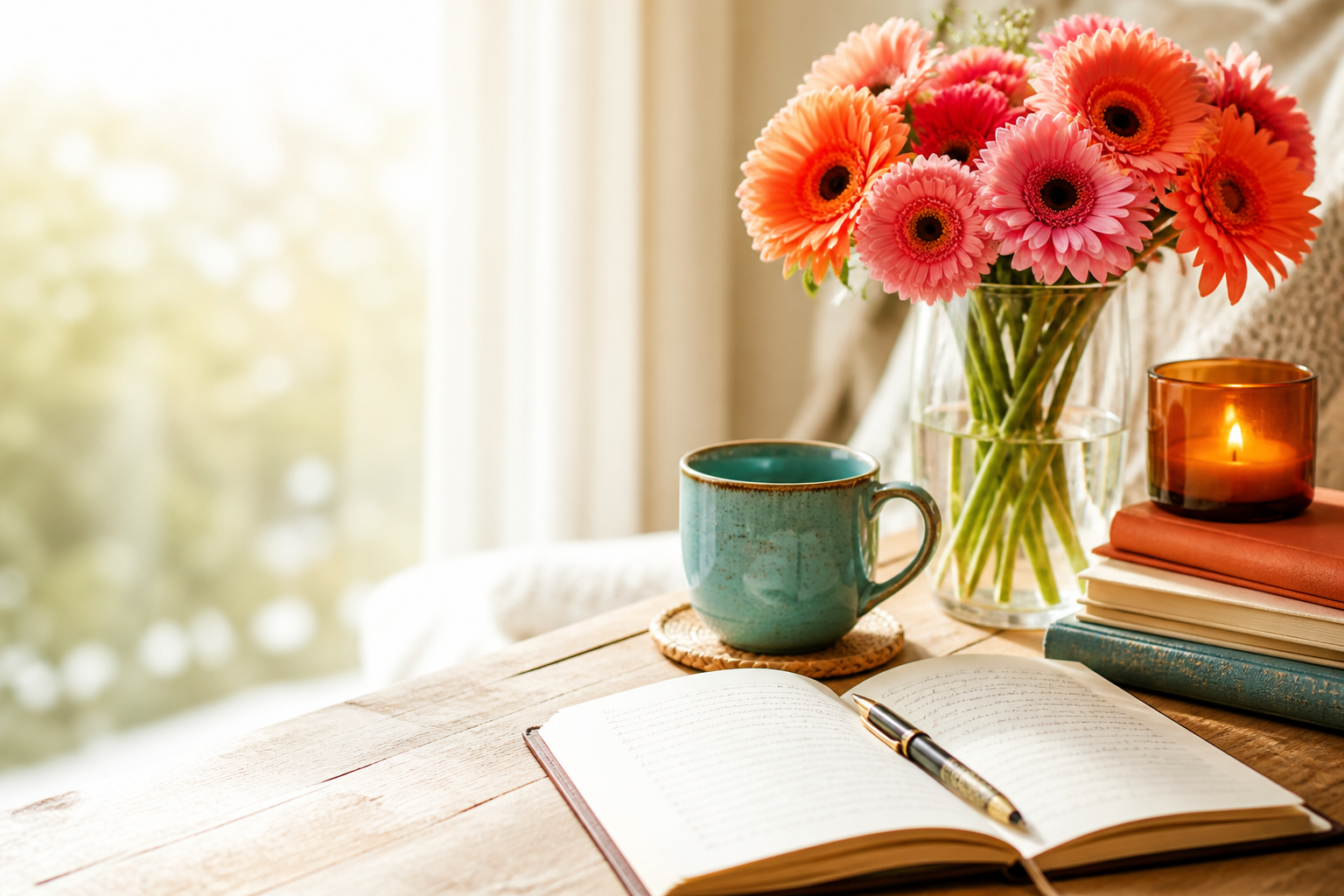Open journal, turquoise mug, coral flowers and candle beside a sunlit window