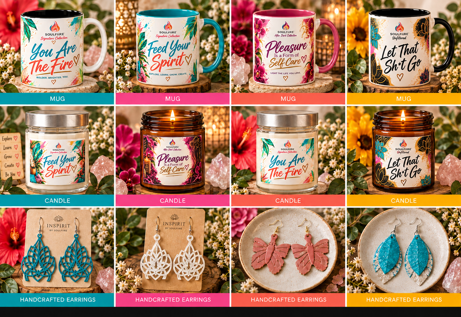 SoulFiire mugs, candles and handcrafted earrings