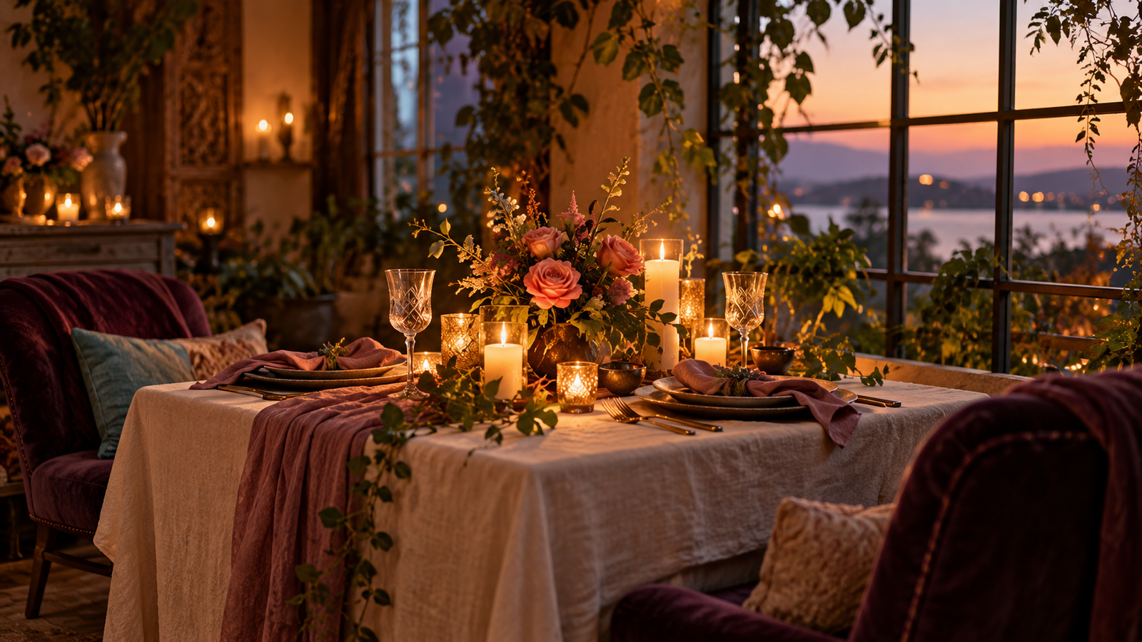 Coral roses, glowing candles, and a romantic table for two at dusk