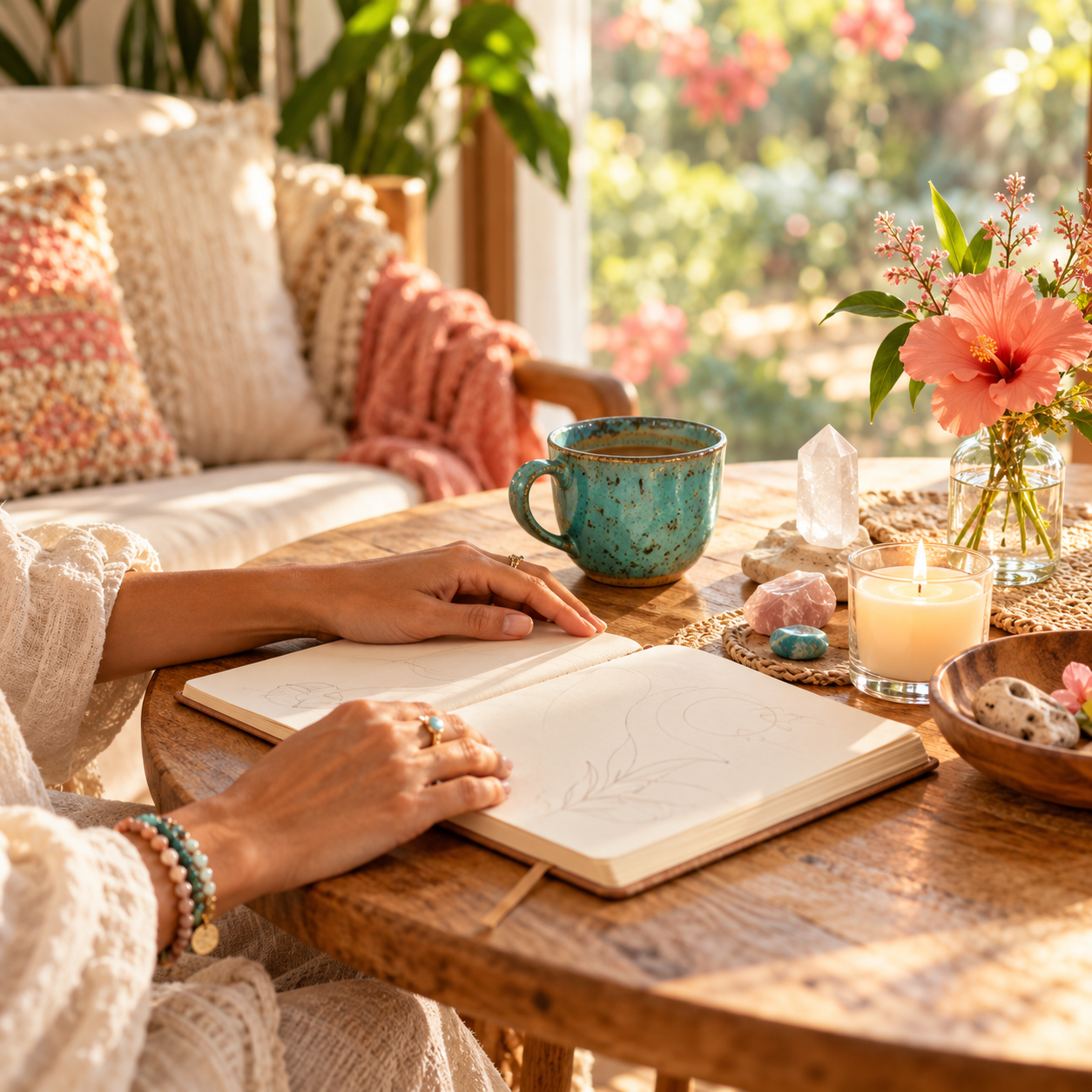 Hands resting on an open journal beside a turquoise mug, candle, crystals, and coral flowers in warm sunlight